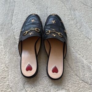 Gucci Black Leather Star-Embroidered Horsebit Mules with Red Heart Insole